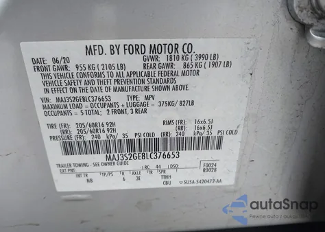 2020 Ford Ecosport Se z USA, uszkodzony, nr VIN MAJ3S2GE8LC376653